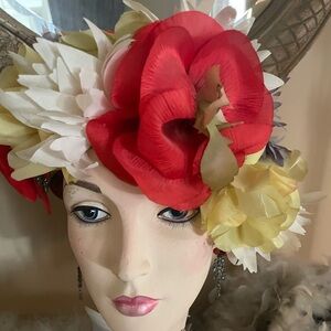 Vintage Ladies Hat, Millinery Flowers On Soft Netted Form Bright Stunning Fun